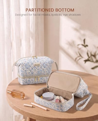LOVEVOOK Blue Flower Travel Makeup Bag - Portable Double Layer Cosmetic Organizer