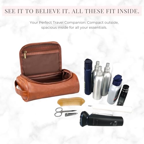 Cumbanho Compact Men's Toiletry Bag - Water-Resistant PU Leather Dopp Kit, Brown