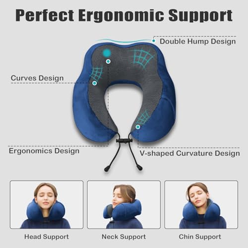 Elvodosia Memory Foam Travel Neck Pillow with Eye Mask & Earplugs - Blue