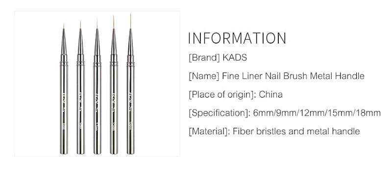 KADS Fine Liner Nail Brush Set with Metal Handle - 5 Sizes