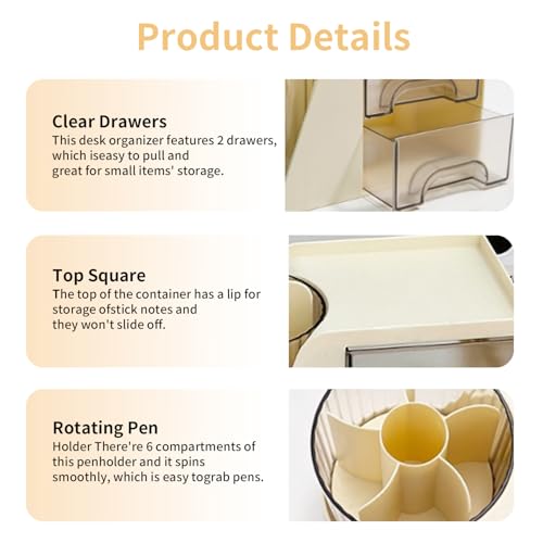 KDYNIX 360° Rotating Makeup Brush Holder, 6-Slot Organizer with 2 Drawers, Cream