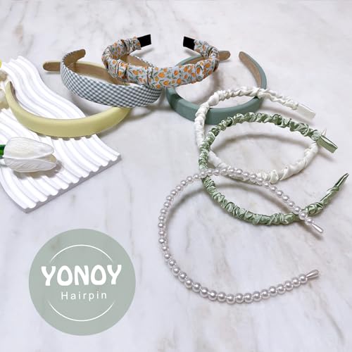 YONOY 7-Piece Fashion Headband Set for Women & Girls, Non-Slip Floral Pearl Wide Headbands (Green)
