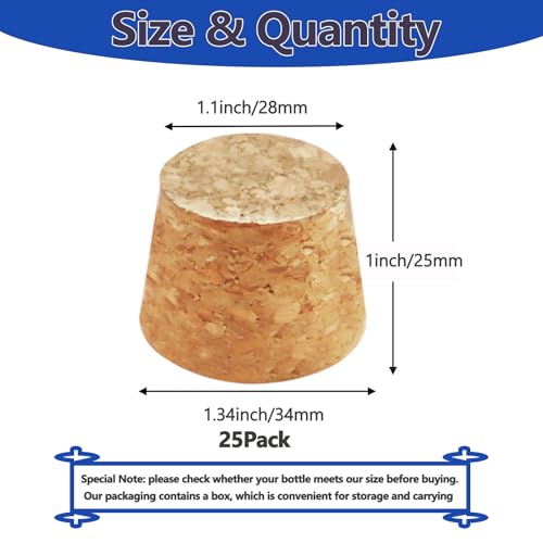 25 Pack Tapered Cork Stoppers for Wine & Beer - Natural Cork