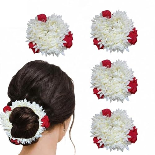 Sniptrend Mogra Scented Hair Rubber Band Gajra with Jasmine Flower Design - 1 Pack of 1, White & Red Petals, Traditional Hair Accessory for Women & Girls