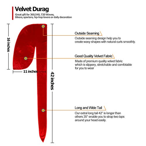 Men's Velvet Durags with Long Tail - 4 Pack (Black, Red, Blue, Green)