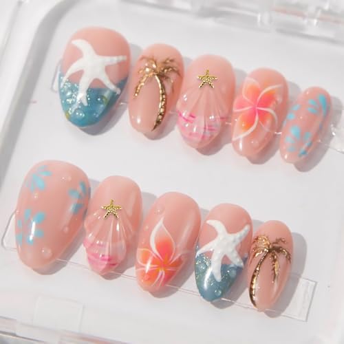 30 PCS Medium Almond Press-On Nails with 3D Starfish & Floral Designs