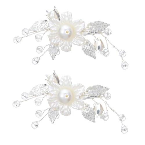 Sorcristy Bridal Flower Hair Clips Set - White Pearl & Silver Leaf Vine