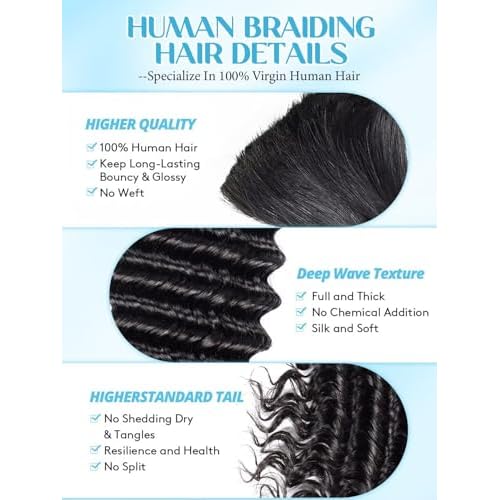 Boho Hair for Braiding, 18 Inch Curly Virgin Human Braiding Hair for Women,100g 2 Bundles Natural Black£¬12A Knotless Deep Wave Bulk Bohemian Styles