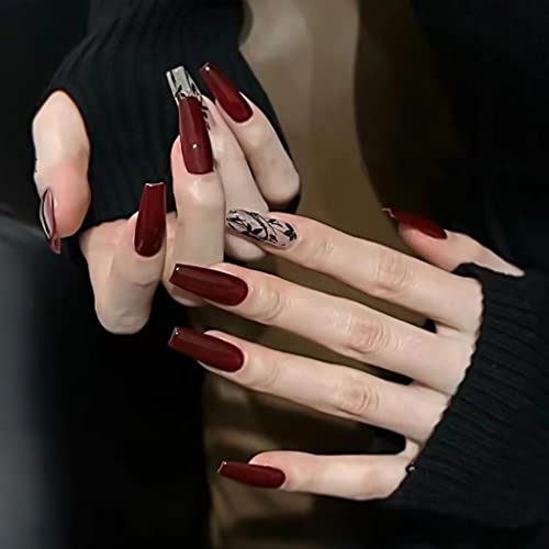 RikView Red Coffin Acrylic Fake Nails - Fall Design, Full Cover, 24 pcs