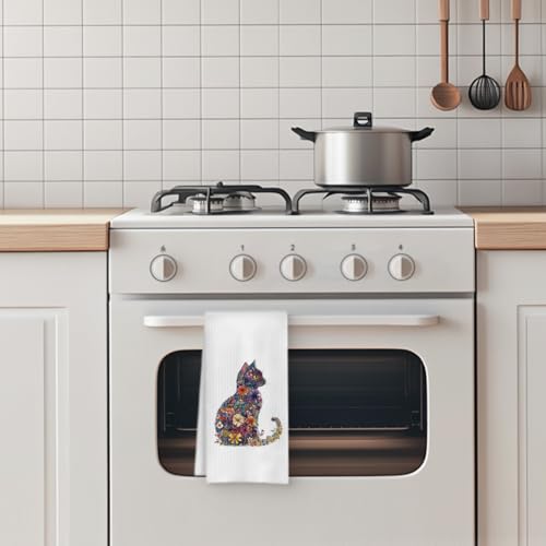 Floral Cat Kitchen Towel - 16x24 Inch Quick-Drying Hand Towel