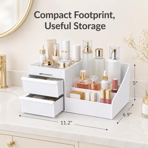 White Makeup Organizer with 2 Drawers & 7 Compartments for Cosmetics & Skincare