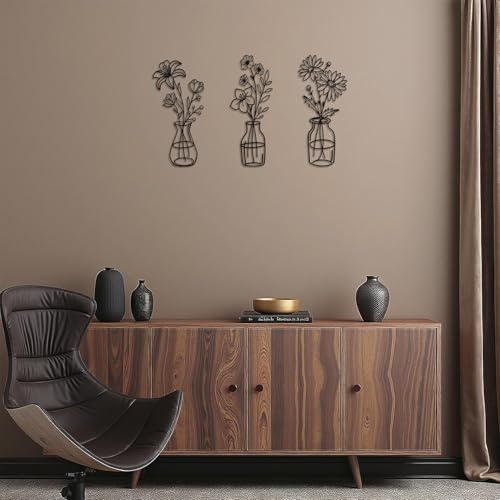 Metal Flower Wall Decor Set - 3 Pcs Wrought Iron Vases for Home