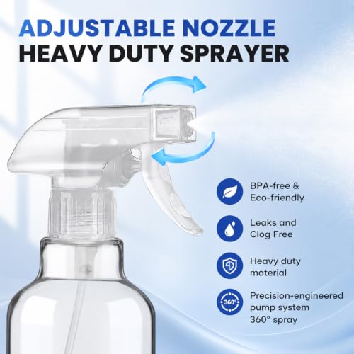 Hethyo 16.9oz Glass Spray Bottles 2 Pack - Clear, 360° Any-Angle Spray