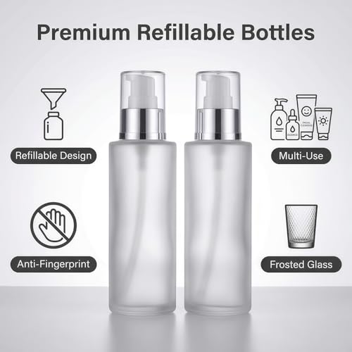 SYBL 2 Pack 100ml Frosted Glass Refillable Lotion Pump Bottles for Skin Care & Essential Oils