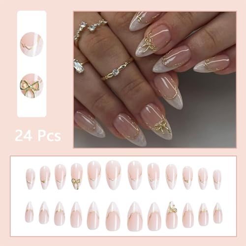 24pcs White French Tip Almond Press-On Nails with 3D Bow
