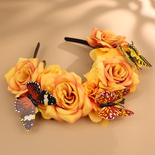 Mexican Rose Flower Crown Headband - Butterfly 1 Orange Elastic