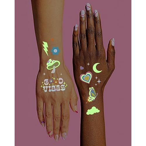 xo, Fetti Groovy Disco Glow in Dark + Foil Temporary Tattoos - 82 pc | Flower Power Birthday Party Supplies, Rave Bachelorette Party Favors, Smiley Decorations, Y2K, Rainbow Arts and Crafts