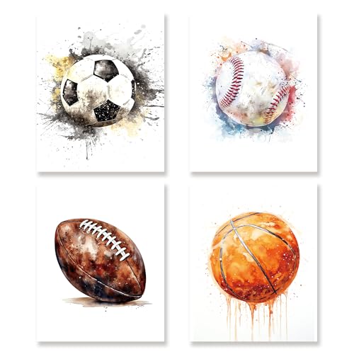 Sports Wall Art Set of 4 - Basketball, Soccer, Football & Baseball Prints - 8x10 Unframed Decor