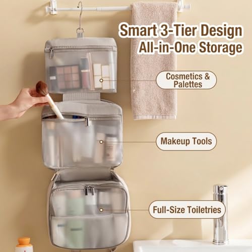 Hanging Toiletry Bag 3-Tier PU Leather Waterproof Travel Organizer