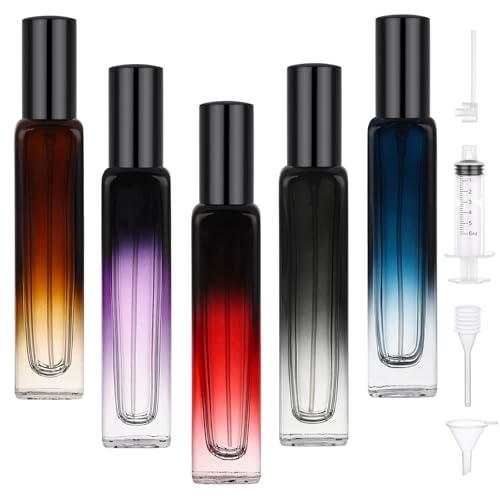 Refillable Perfume Atomizer Set of 5 - 15ml Glass Spray Bottles in Amber, Blue, Red, Purple, Black | Travel Size Cologne Dispensers