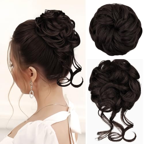 Women Hairpieces 2PCS Wavy Curly Messy Bun Extensions Brownish Black-4