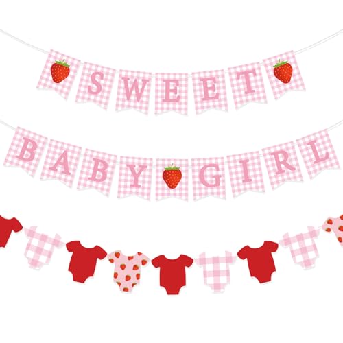 Strawberry Baby Shower Banner Set - 3 Pink Gingham Decorations