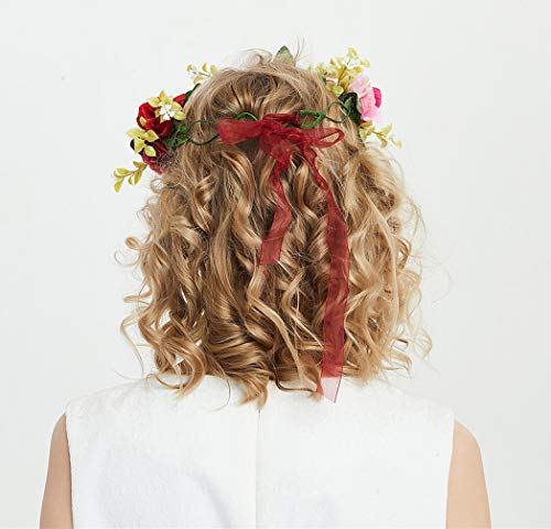 LLinfflr Red Flower Garland Headband Rose Crown Floral Halo Headpiece - Adjustable
