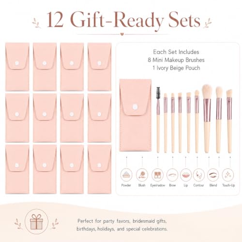 12-Piece Travel Makeup Brush Set with Ivory Beige Pouches - Ideal Bridesmaid Gifts