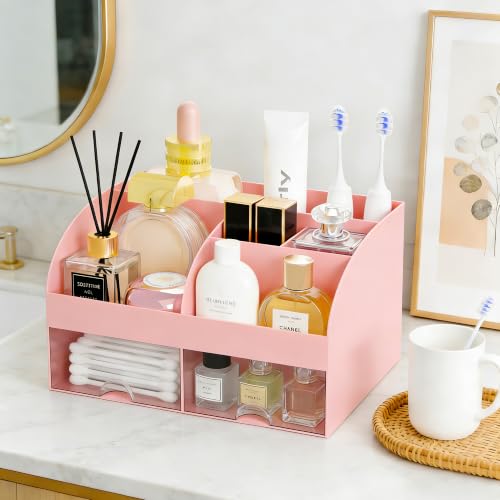 Pink Makeup Organizer with 2 Drawers, Cosmetic Storage for Vanity & Bathroom
