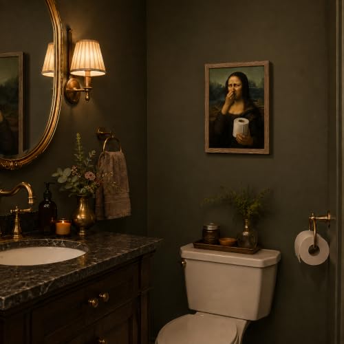 Funny Mona Lisa Bathroom Wall Art - Framed Humor Print, 10x8 Inch