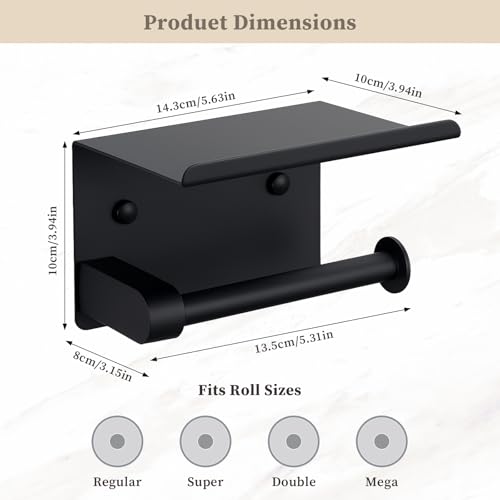 Black Rustproof Toilet Paper Holder with Shelf - Wall Mount & Adhesive