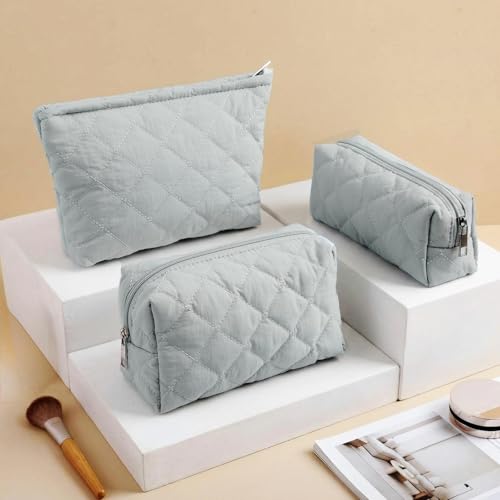 3-Piece Quilted Puffy Makeup Bag Set - Soft Travel Toiletry Pouch Organizer