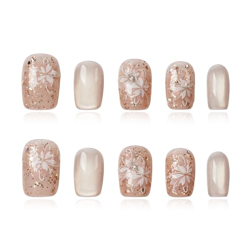 Warm Glossy Dream Press On Nails - Short Coffin Nude Glitter with White Flower Design
