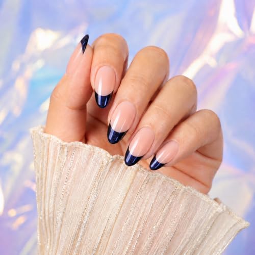 BMKPMTR Short Almond Press On Nails Navy Chrome French Tip Set - Nude Pink & Navy Variation, 30 pcs
