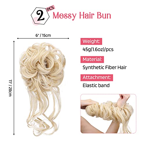 HOOJIH 2 Pack Messy Bun Hair Piece - Tousled Updo Extensions in Cool Light Blonde HB010 Dasiy