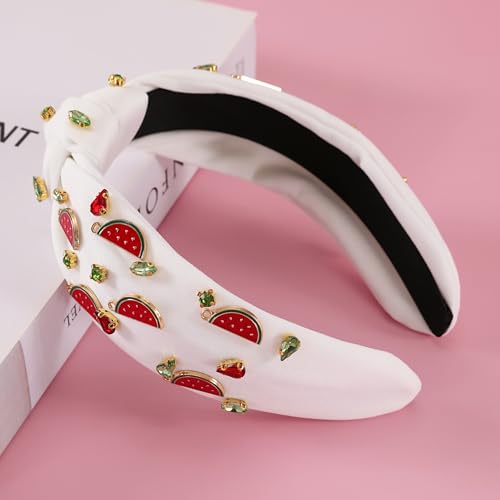 Watermelon White Headband for Women - Rhinestone Fruit Knot Hairband