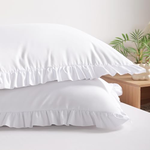 BEDSUMP King Ruffled Pillow Shams Set of 2 - 20x40 White Microfiber