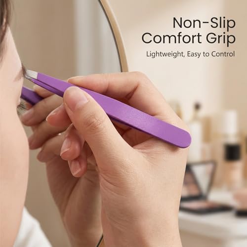 Purple Stainless Steel Tweezers Set with Travel Case - Precision Eyebrow & Facial Hair Removal