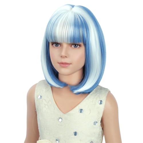 PATTNIUM Blue and White Bob Wig - Short Straight Wig with Bangs
