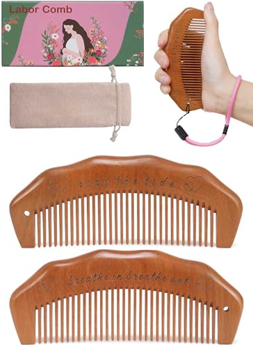 Medium Wooden Labor Comb with Adjustable Wrist Strap - Pain Relief & Hair Care (2 Pack)