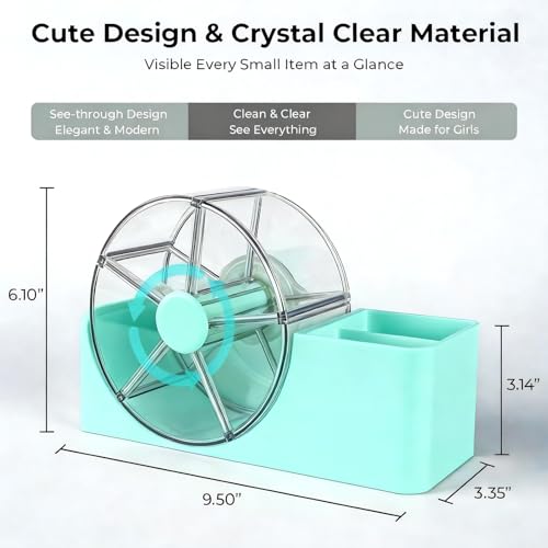 Seafoam Hair Accessories Organizer with 2-Slot Brush Holder & 5-Section Rotating Wheel for Kids & Girls