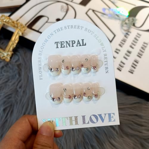 TENPAL Handmade Press On Nails Kit - Milky Pink Hearts & Bow (M)