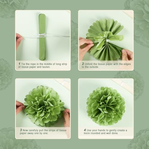Sage Green Tissue Paper Pom Poms - 15 PCS for Baby Showers & Weddings