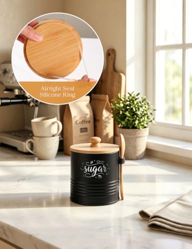 Airtight Metal Sugar Bowl with Lid & Spoon - 15oz Capacity