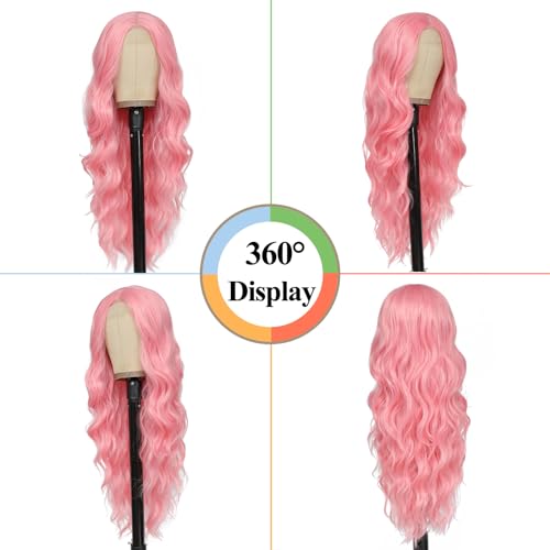 NAYOO 26 Inch Pink Wavy Synthetic Wig for Women | Heat-Resistant Cosplay & Party Wig