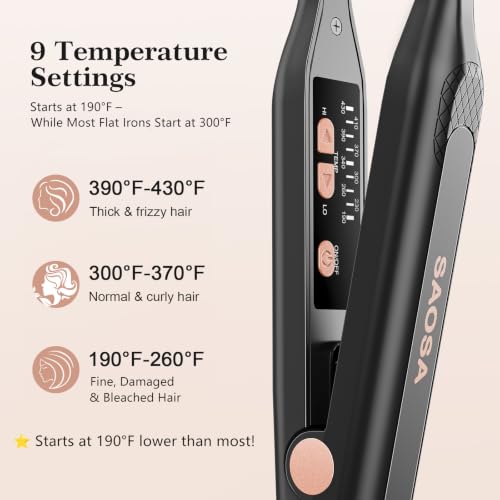 SAOSA Mini Pencil Flat Iron for Short Hair - Rose Gold Hair Straightener & Curler with 9 Temp Settings