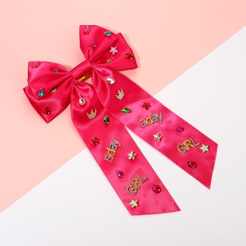 NVENF Birthday Girl Hair Bow - Large Pink Satin Bow with Crystals & Pearls