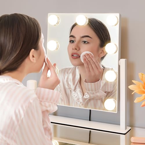 Kotdning Vanity Mirror with Lights,Lighted Vanity Mirror with 9 Dimmable Bulbs for Dressing Room & Bedroom,3 Color Lighting,Modes Detachable 10x Magnification 360¡ÆRatation(White) 12" L x 14.4" W