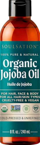 SoulSation Organic Jojoba Oil for Skin Hair Face 8oz - Pure Cold Pressed, Non-GMO, Vegan