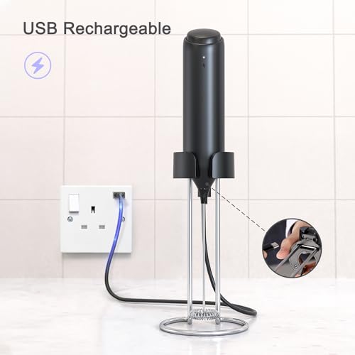 ELMWAY Rechargeable Handheld Milk Frother with Stand & Wall Mount